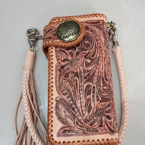 Cartera de motociclista de cuero tallado para hombre, billetera plegable de cuero con diseño floral, billetera estilo vaquero occidental, regalo para él, regalo para hombre, regalo para papá.