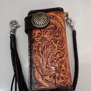 Cartera de motociclista de cuero tallado para hombre, billetera plegable de cuero con diseño floral, billetera estilo vaquero occidental, regalo para él, regalo para hombre, regalo para papá.