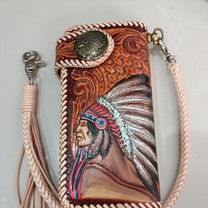 Cartera de motociclista de cuero tallado para hombre, billetera plegable de cuero con labrado de jefe indígena, billetera de vaquero occidental, regalo para él, regalo para hombres