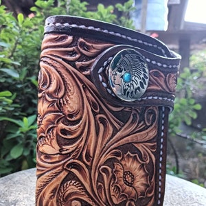 Carteira de couro esculpida à mão, carteira floral, estilo cowboy ocidental, carteira masculina dobrável, carteira de couro trabalhada, presente para ele, presente para homens, presente para o pai