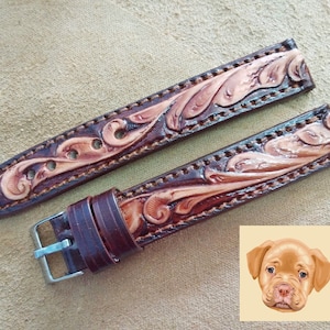 Western Watchband Custom Leather Watch Strap Tooled Leather Watch Strap Carved Floral Watch Band 24mm 22mm 20mm 19mm 18mm Gift For Him