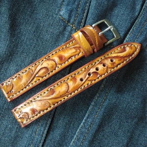 Western Watchband Custom Leather Watch Strap Tooled Leather Watch Strap Carved Floral Watch Band 24mm 22mm 20mm 19mm 18mm Gift For Him
