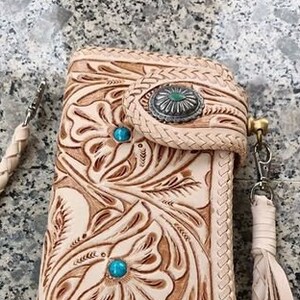 Cartera de motociclista de cuero tallado para hombre, billetera plegable de cuero con diseño floral, billetera estilo vaquero occidental, regalo para él, regalo para hombre, regalo para papá.