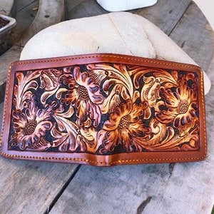 Cartera de cuero tallada a mano, cartera floral, cartera plegable estilo vaquero occidental para hombre, cartera de cuero repujado, regalo para él, regalo para hombre, regalo para papá
