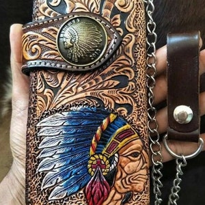 Geschnitzte Leder Herren Biker Brieftasche Kette Indigener Häuptling Punzierte Leder Bifold Brieftasche Western Cowboy Brieftasche Geschenk für Ihn Geschenk für Männer