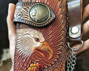 Geschnitzte Leder Herren Biker Brieftasche Kette Adler punziert Leder Bifold Brieftasche Western Cowboy Brieftasche Geschenk für ihn Geschenk für Männer Geschenk für Papa