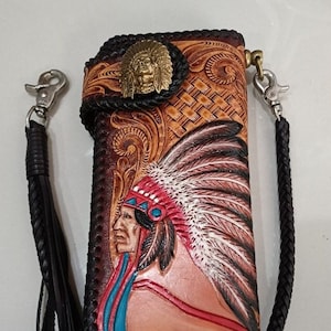 Cartera de motociclista de cuero tallado para hombre, billetera plegable de cuero con labrado de jefe indígena, billetera de vaquero occidental, regalo para él, regalo para hombres