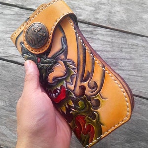 Cartera de motociclista de cuero tallado para hombre, billetera plegable de cuero con cadena de demonio, billetera de vaquero occidental, regalo para él, regalo para hombres, regalo para papá