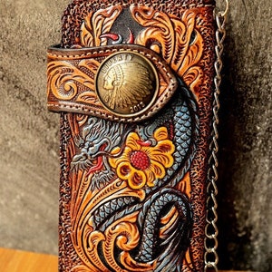 Cartera de motociclista de cuero tallado para hombre, billetera plegable de cuero con cadena de dragón, billetera de vaquero occidental, regalo para él, regalo para hombres, regalo para papá
