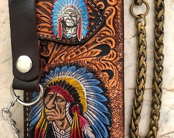 Carved Leather Wallet Indigenous Chief Carved Wallet Bifold Wallet Western Cowboy Wallet Anniversary Gift for Him Gift for Men Gift for Dad