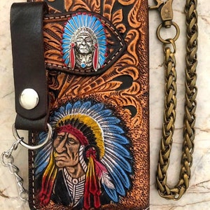 Geschnitzte Leder Herren Biker Brieftasche Kette Indigener Häuptling Punzierte Leder Bifold Brieftasche Western Cowboy Brieftasche Geschenk für Ihn Geschenk für Männer