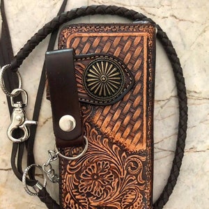 Geschnitzte Leder Herren Biker Brieftasche Kette Floral punziert Leder Bifold Brieftasche Western Cowboy Brieftasche Geschenk für ihn Geschenk für Männer Geschenk für Papa