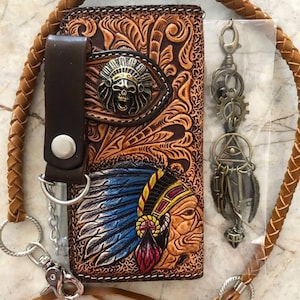 Geschnitzte Leder Herren Biker Brieftasche Kette Indigener Häuptling Punzierte Leder Bifold Brieftasche Western Cowboy Brieftasche Geschenk für Ihn Geschenk für Männer