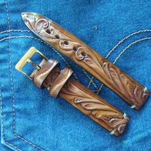 Western Watchband Custom Leather Watch Strap Tooled Leather Watch Strap Carved Floral Watch Band 24mm 22mm 20mm 19mm 18mm Gift For Him