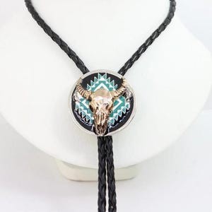 Southwestern Skull Bolo Tie Leather Cowboy Necktie Accessories Mens Necklace Leather Cord Woven Gift For Him Gift For Men Gift For Dad