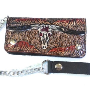 Geschnitzte Leder Herren Biker Brieftasche Kette Schädel punziert Leder Bifold Brieftasche Western Cowboy Brieftasche Geschenk für ihn Geschenk für Männer Geschenk für Papa