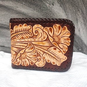 Carteira masculina de couro esculpido, carteira esculpida em flores, carteira dobrável, carteira de cowboy ocidental, presente de aniversário para ele, presente para homens, presente para o pai