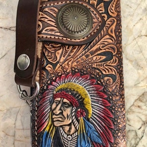 Geschnitzte Leder Herren Biker Brieftasche Kette Indigener Häuptling Punzierte Leder Bifold Brieftasche Western Cowboy Brieftasche Geschenk für Ihn Geschenk für Männer