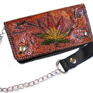 Geschnitzte Leder Herren Biker Brieftasche Kette Floral punziert Leder Bifold Brieftasche Western Cowboy Brieftasche Geschenk für ihn Geschenk für Männer Geschenk für Papa