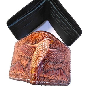 Cartera de cuero tallada a mano, billetera de águila, billetera plegable estilo vaquero occidental para hombre, billetera de cuero repujado, regalo para él, regalo para hombre, regalo para papá