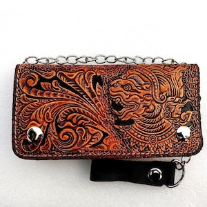 Geschnitzte Leder Herren Biker Brieftasche Kette Dämon punziert Leder Bifold Brieftasche Western Cowboy Brieftasche Geschenk für ihn Geschenk für Männer Geschenk für Papa