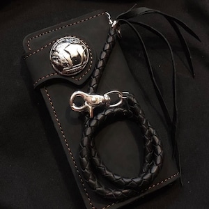 Carteira de couro estilo motociclista com corrente, carteira masculina dobrável, feita à mão, com cordão de couro, carteira longa, presente de motociclista para formatura, presente para homens, presente para ele