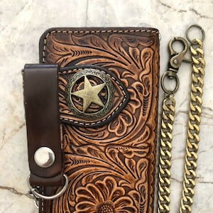 Geschnitzte Leder Herren Biker Brieftasche Kette Floral punziert Leder Bifold Brieftasche Western Cowboy Brieftasche Geschenk für ihn Geschenk für Männer Geschenk für Papa