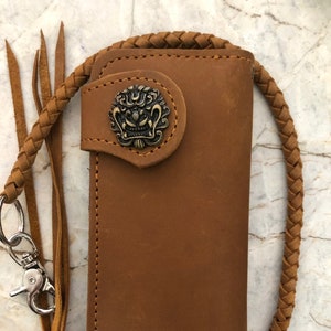 Carteira de couro estilo motociclista com corrente, carteira masculina dobrável, feita à mão, com cordão de couro, carteira longa, presente de motociclista para formatura, presente para homens, presente para ele