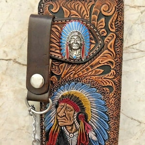 Geschnitzte Leder Herren Biker Brieftasche Kette Indigener Häuptling Punzierte Leder Bifold Brieftasche Western Cowboy Brieftasche Geschenk für Ihn Geschenk für Männer