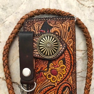 Geschnitzte Leder Herren Biker Brieftasche Kette Drachen punziert Leder Bifold Brieftasche Western Cowboy Brieftasche Geschenk für ihn Geschenk für Männer Geschenk für Papa