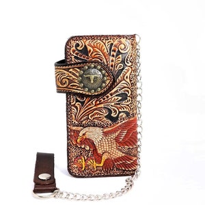 Cartera de motociclista de cuero tallado para hombre, billetera plegable de cuero con águila y cadena, billetera de vaquero occidental, regalo para él, regalo para hombres, regalo para papá