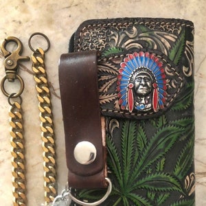 Geschnitzte Leder Herren Biker Brieftasche Kette Floral punziert Leder Bifold Brieftasche Western Cowboy Brieftasche Geschenk für ihn Geschenk für Männer Geschenk für Papa