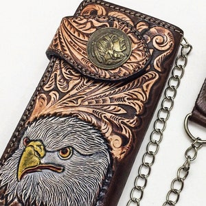Carved Leather Mens Biker Wallet Eagle Carved Wallet Bifold Wallet Western Cowboy Wallet Anniversary Gift for Him Gift for Men Gift for Dad