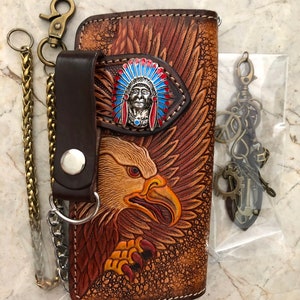 Geschnitzte Leder Herren Biker Brieftasche Kette Adler punziert Leder Bifold Brieftasche Western Cowboy Brieftasche Geschenk für ihn Geschenk für Männer Geschenk für Papa