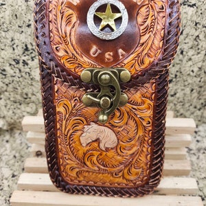 Western Leather Phone Case For Belt  Carved Leather Handmade Tooled Leather Cell Phone Holder Leather Gift for Him Gift for Men Gift for Dad