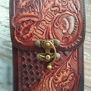Western Leather Phone Case For Belt  Carved Leather Handmade Tooled Leather Cell Phone Holder Leather Gift for Him Gift for Men Gift for Dad