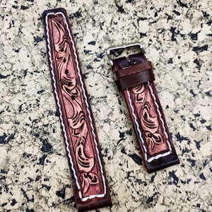 Western Watchband Custom Leather Watch Strap Tooled Leather Watch Strap Carved Floral Watch Band 24mm 22mm 20mm 19mm 18mm Gift For Him