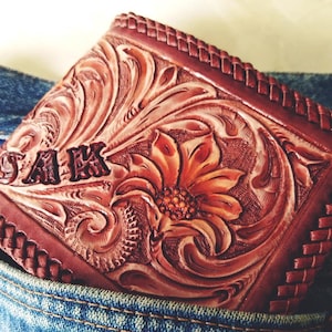Carteira masculina de couro esculpido, carteira esculpida em flores, carteira dobrável, carteira de cowboy ocidental, presente de aniversário para ele, presente para homens, presente para o pai