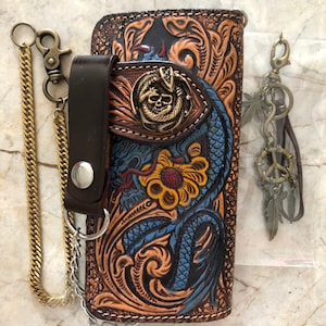 Geschnitzte Leder Herren Biker Brieftasche Kette Drachen punziert Leder Bifold Brieftasche Western Cowboy Brieftasche Geschenk für ihn Geschenk für Männer Geschenk für Papa