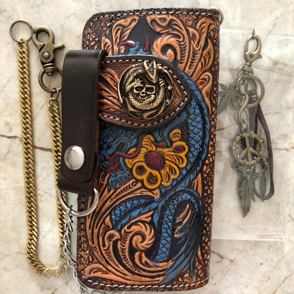 Carved Leather Biker Wallet Chain Dragon Carved Wallet Bifold Western Cowboy Wallet Anniversary Gift for Him Gift for Men,Gift for Dad