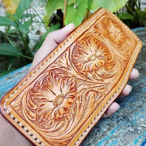 Cartera de cuero tallada a mano, cartera floral, cartera plegable estilo vaquero occidental para hombre, cartera de cuero repujado, regalo para él, regalo para hombre, regalo para papá