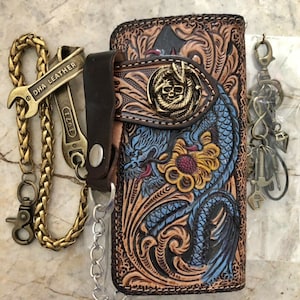 Cartera de motociclista de cuero tallado para hombre, billetera plegable de cuero con cadena de dragón, billetera de vaquero occidental, regalo para él, regalo para hombres, regalo para papá