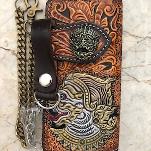 Geschnitzte Leder Herren Biker Brieftasche Kette Dämon punziert Leder Bifold Brieftasche Western Cowboy Brieftasche Geschenk für ihn Geschenk für Männer Geschenk für Papa