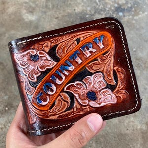 Cartera de cuero tallada a mano, cartera floral, cartera plegable estilo vaquero occidental para hombre, cartera de cuero repujado, regalo para él, regalo para hombre, regalo para papá