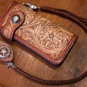 Carteira de couro esculpida masculina estilo motociclista, corrente, couro com estampa floral, carteira dobrável estilo cowboy, presente para ele, presente para homens, presente para o pai
