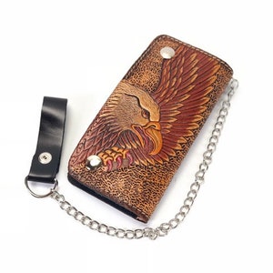 Geschnitzte Leder Herren Biker Brieftasche Kette Adler punziert Leder Bifold Brieftasche Western Cowboy Brieftasche Geschenk für ihn Geschenk für Männer Geschenk für Papa