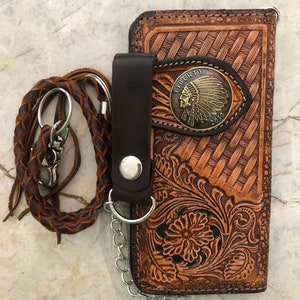 Geschnitzte Leder Herren Biker Brieftasche Kette Floral punziert Leder Bifold Brieftasche Western Cowboy Brieftasche Geschenk für ihn Geschenk für Männer Geschenk für Papa