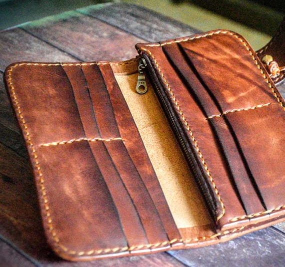 Carved Leather Mens Biker Wallet Chain Floral Tooled Leather