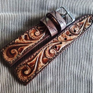 Western Watchband Custom Leather Watch Strap Tooled Leather Watch Strap Carved Floral Watch Band 24mm 22mm 20mm 19mm 18mm Gift For Him