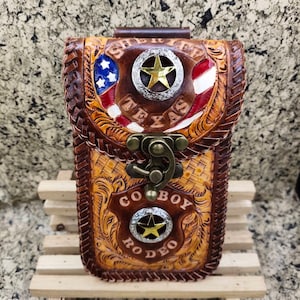 Western Leather Phone Case For Belt  Carved Leather Handmade Tooled Leather Cell Phone Holder Leather Gift for Him Gift for Men Gift for Dad